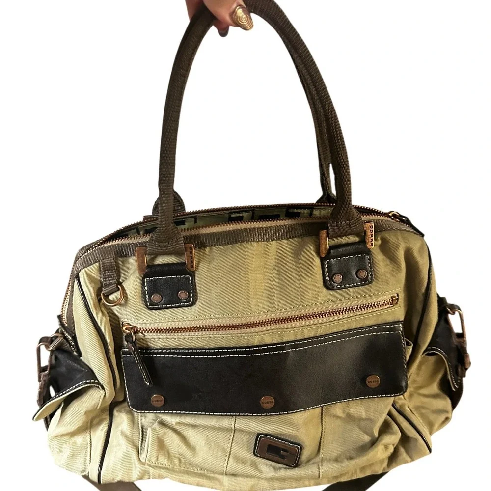 Rare Vintage Y2K Guess Canvas Handbag Beige/Tan Multi-Pocket Utility Cargo Purse